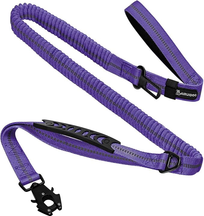 Heavy Duty Bungee Dog Leashes, 4-6FT Shock Absorbing Tactical Dog Leash with 2 Padded Handles, Metal Carabiner Clip,Car Seatbelt, Reflective Dog Leash for Medium Large Dogs (Purple)