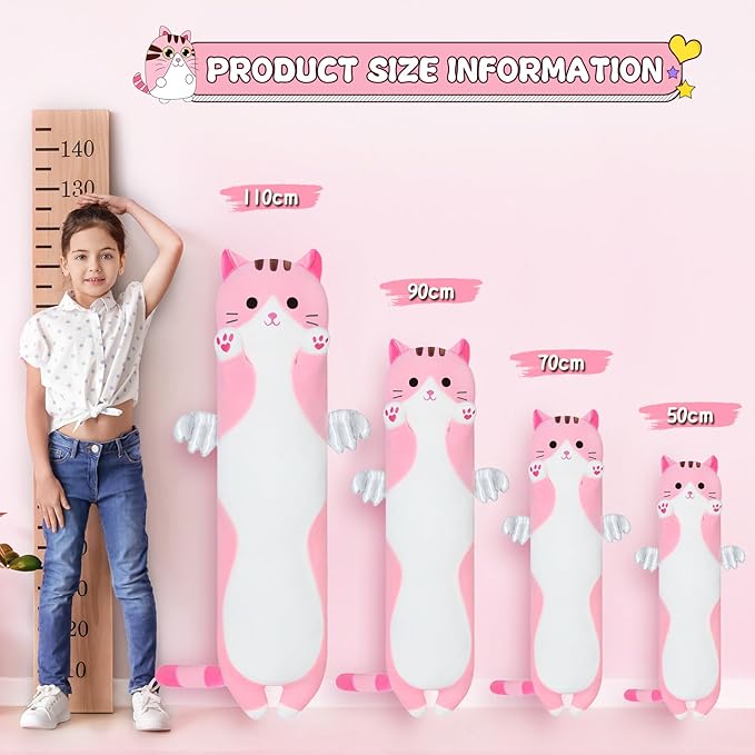 Long Cat Plush Body Pillow, Cute Cat Plush Toy Pillows with Wings, Stuffed Animals Kitten Soft Plushies Gifts for Kids Girls Girlfriend(Pink, 35.4in/90cm)