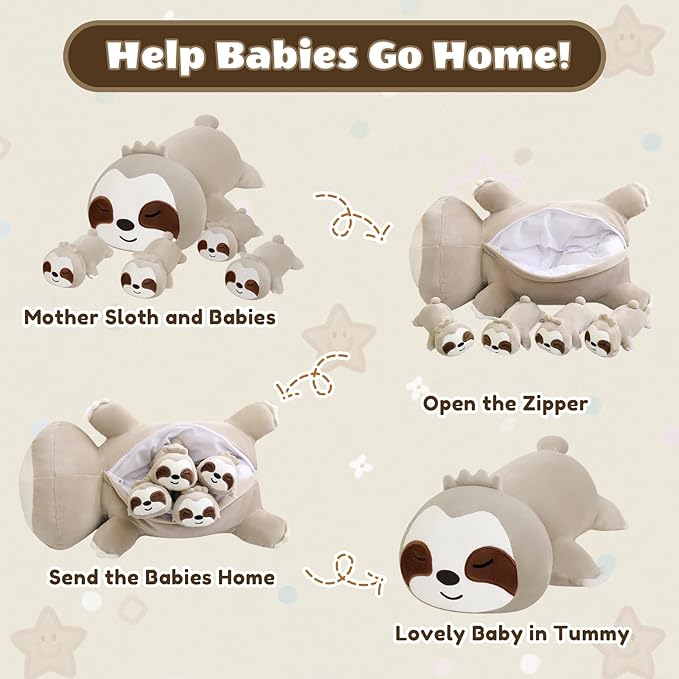 SQEQE Sloth Stuffed Animals with Babies Inside 5-Piece Set of Sloth Mommy and Babies Plush Cuddly Stuffed Animals Toys for Kids, Gifts Ideal for Christmas, Valentine's, Birthday