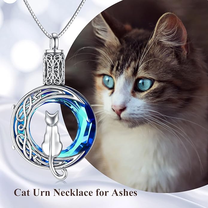 TOUPOP Cat Cremation Jewelry for Ashes Sterling Silver Cat Moon Urn Necklace that Hold Human Pet Ashes Memorial Keepsake Jewelry