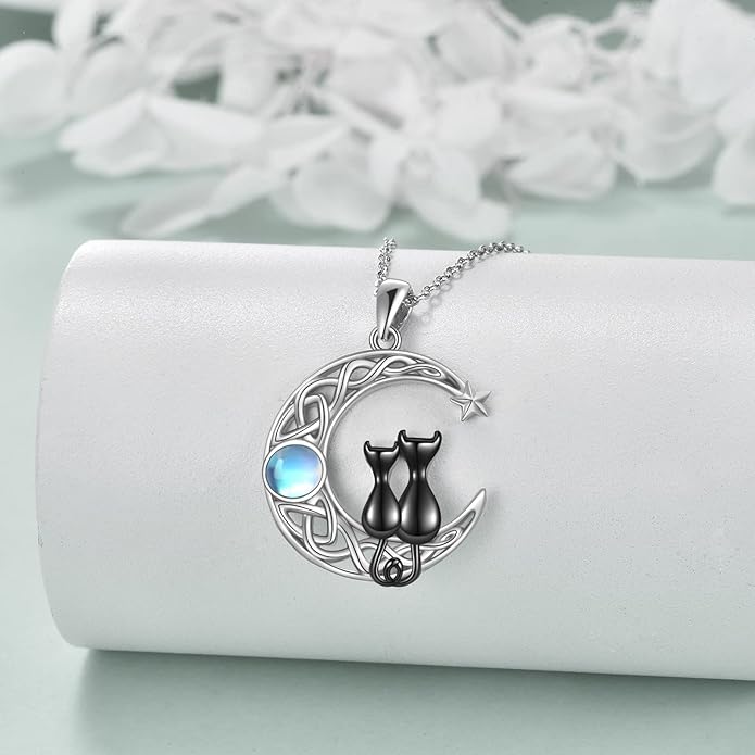 925 Sterling Silver Moon Black Cat Necklace for Women - Tree of Life Jewelry with Abalone Stone - Cat Lover Birthday Gift