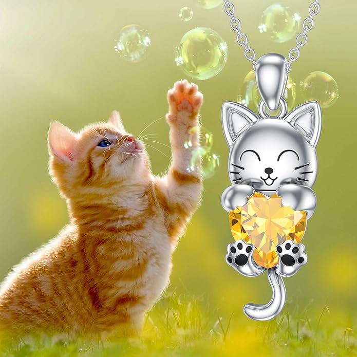LONAGO Cat Necklace with Heart Birthstone Cat Pendant Necklace Sterling Silver Gifts for Women