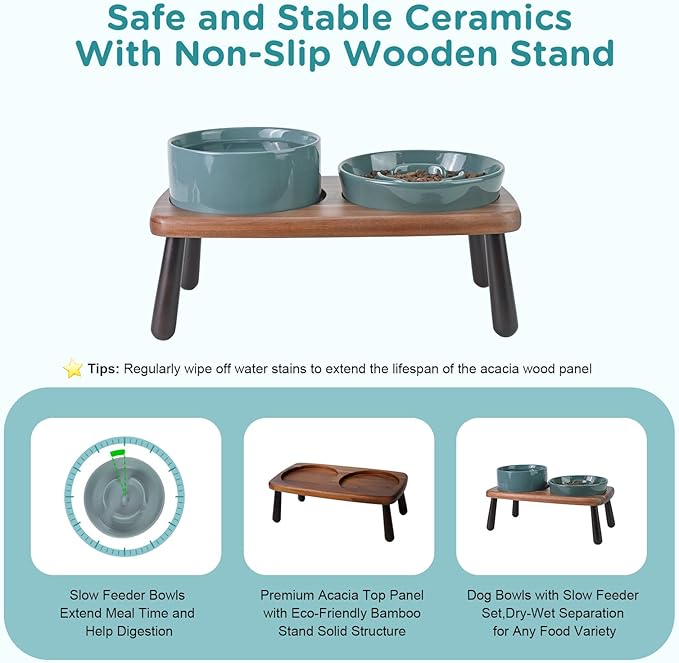 SPUNKYJUNKY Ceramic Elevated Dog Bowls with Slow Feeder Raised with Acacia Bamboo Wooden Stand, 6.1'' Dog and Cat Food Water Bowls Set Non-Slip for Small Medium Sized Breed - Dark Green