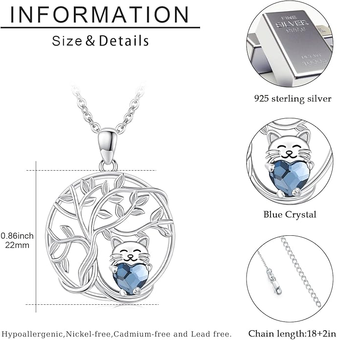 JUSTKIDSTOY Sterling Silver Cute Animal Pendant Necklace with Crystal Cat Pendant - Women's Cat Lovers Jewelry Gift