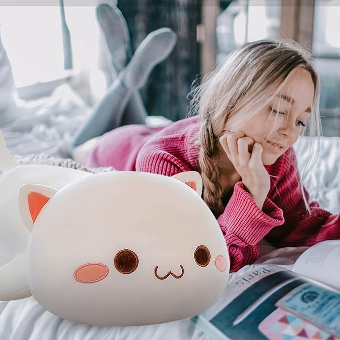 FUYU Cat Stuffed Animals, Soft Cat Plush Pillow Kawaii Kitten Stuffed Animal Toy Gifts for Kids Boys Girls Room Decor (White Round Eyes,27in/67cm)