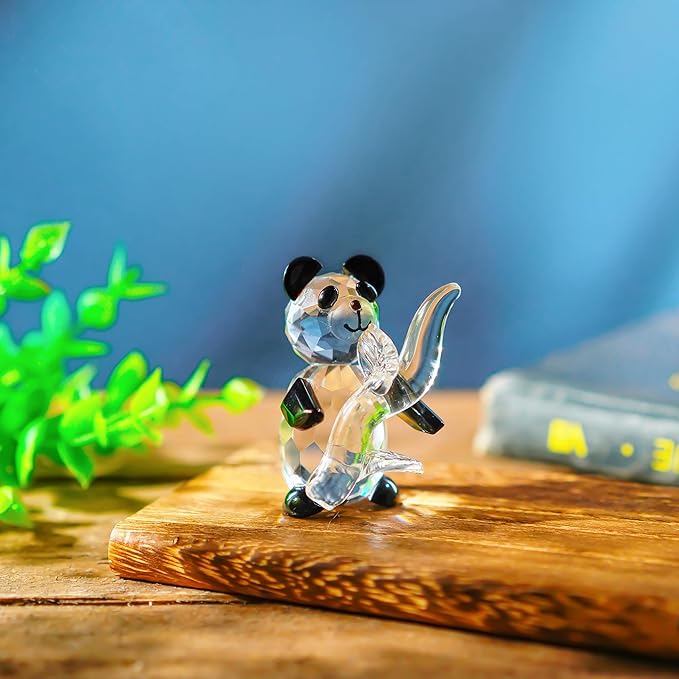H&D HYALINE & DORA Cute Crystal Glass Panda Figurine with Bamboo for Home Office Decor