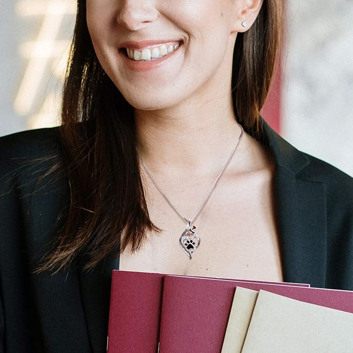 VANLAMS Womens 925 Sterling Silver Bone Love Heart Dog Paw Print Pendant Necklace I Love You Forever and Ever, Gifts for Dog Owner