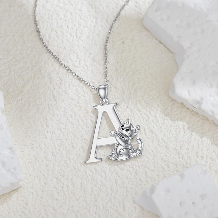 LONAGO Cat Initial Pendant Necklace Silver A to Z Letters Alphabet Necklace Gift for Women