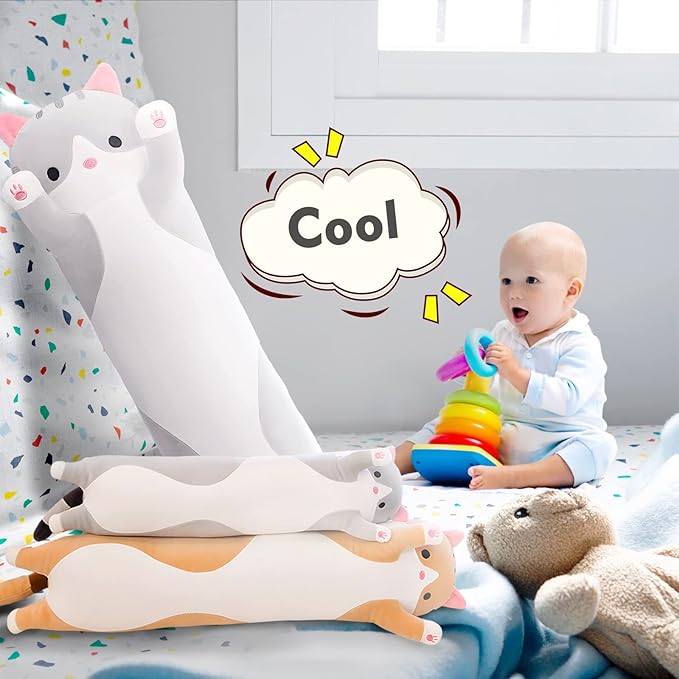 Long Cat Plush Pillow, 35.4in Cute Cat Plushie Stuffed Animals Body Pillow, Grey Kawaii Kitten Soft Plushie Doll Toy Birthday Gift for Kids Girlfriend