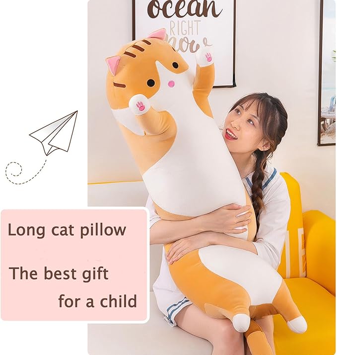Long Cat Plush Pillow Soft Cat Hugging Pillow Stuffed Animal Pillow Cute Kitty Sleeping Throw Pillow Gift for Kids(110cm/43.30inch,Yellow