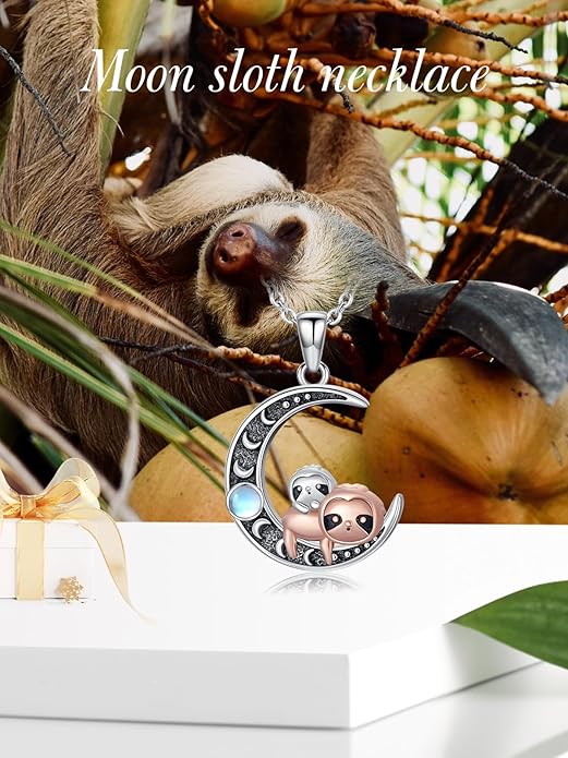 Fox/Cat/Axolotl/Sloth/Panda Necklace Crescent Moon Necklace 925 Sterling Silver Cute Animal Jewelry as Birthday Mothers Day Gifts for Women