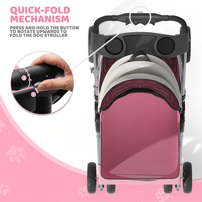 Magshion Foldable Pet Stroller, 3-in-1 Dog Travel Jogger with Detachable Carrier, Cup Holder, Storage Basket, Folding Carrier for Small/Medium Dogs & Cats Up to 33 lbs, Pink
