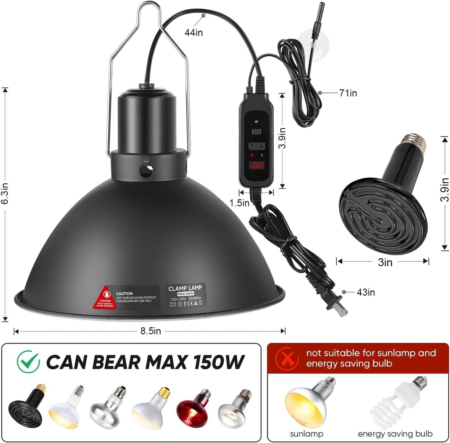 DXOPHIEX 8.5inch Reptile Heat Lamp with Thermostat, Reptile Light Fixture with Dimming Thermostat, Deep Dome Lamp Fixture with 150W Ceramic Heat Emitter for Bearded Dragon, Turtles, Snake and Lizard