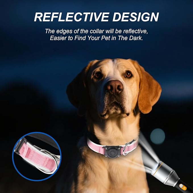 Waterproof Airtag Dog Collar - Nylon Collar with Durable Airtag Holder, Reflective&Anti-Lost with Safety Metal Buckle, Soft Padded Adjustable for Small Medium Large Dogs Pink S