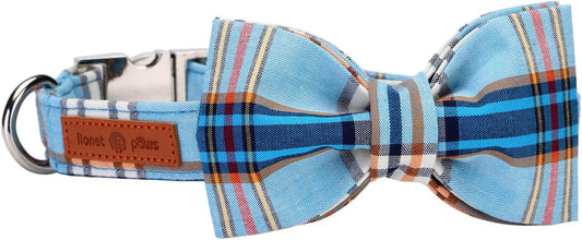 Lionet Paws Boy Dog Collar with Bowtie, Comfortable Adjustable Cute Blue Plaid Bow Tie Collar for Male Dogs Gift, Small, Neck 10-16 inches