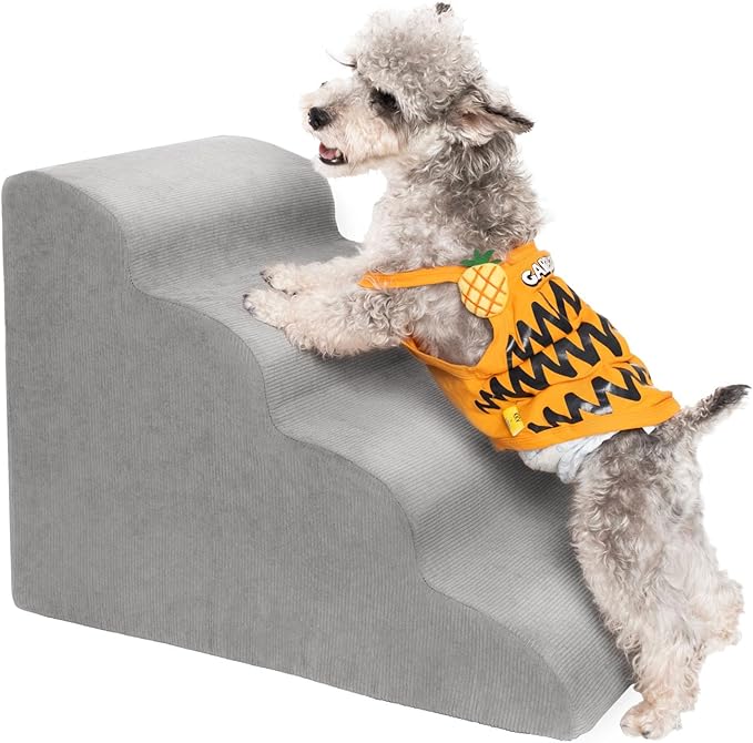 MEWANG Dog Stairs for Small & Medium Dogs and Old Cats –3/4/ 5 Steps High-Density Foam Pet Ramp for Bed & Couch, Non-Slip, Washable Cover, Grey (Round Corner, 4 Steps: 23.94''×18.27''×14.96'', 2)