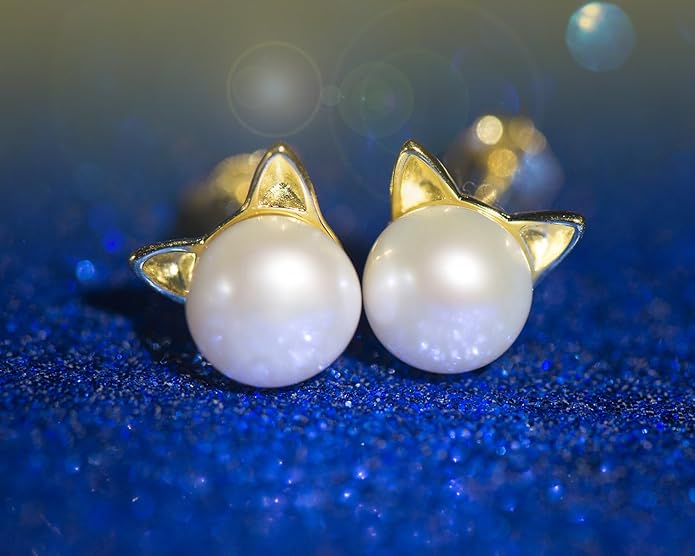 Wicary Cat Earrings Sterling Silver Pearl Earrings for Women Cat Stud Earring for Cat Lovers