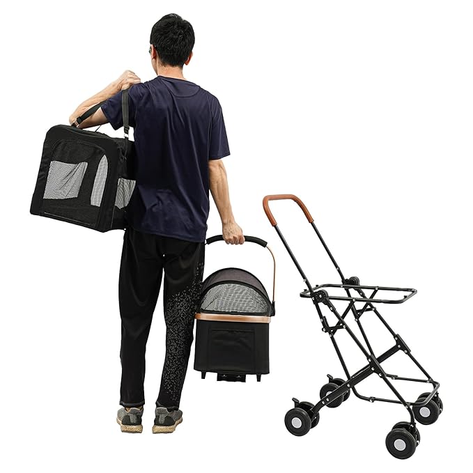 Foldable Pet Stroller for Small & Medium Dogs, Double Dog & Cat Stroller with 3-in-1 Travel System, Detachable Pet Carrier with Wheels for Cats and Dogs up to 77 lbs, Black