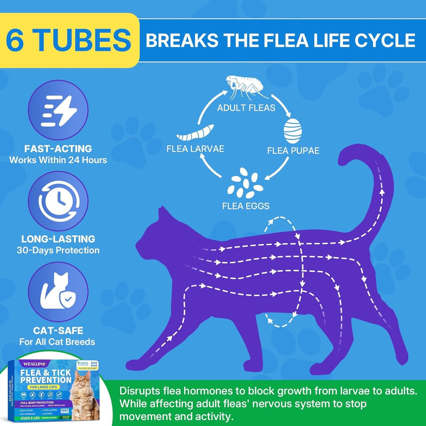 Flea and Tick Prevention for Large Cat, Fleas and Ticks Treatment for Cats Over 9 lbs, Topical Cat Flea Treatment, Fast-Acting & Long-Lasting Fleas Control for Cats, 6-Dose Supply