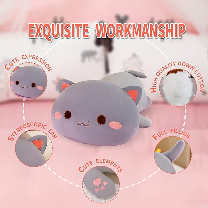 FUYU Cat Stuffed Animals, Soft Cat Plush Pillow Kawaii Kitten Stuffed Animal Toy Gifts for Kids Boys Girls Room Decor (Grey Round Eyes,35in/87)