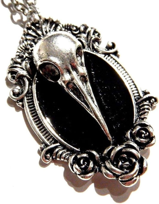 Regal Rock Gothic Bird Skull Pendant Over Black Rose Cameo Pendant on Long Chain Necklace