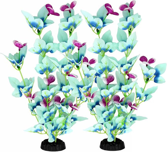 16 Inch Aquarium Fish Tank Plant Betta Fish Tank Decor,2 Pack Silk Aquarium Plants for Aquarium Decoration (White-Blue)