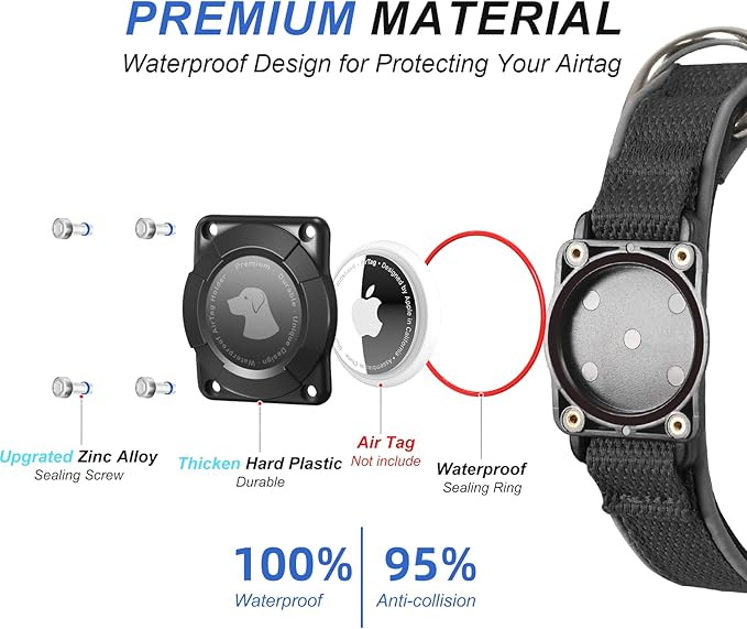 Waterproof Airtag Dog Collar - Nylon Collar with Durable Airtag Holder, Reflective&Anti-Lost with Safety Metal Buckle, Soft Padded Adjustable for Small Medium Large Dogs Black M