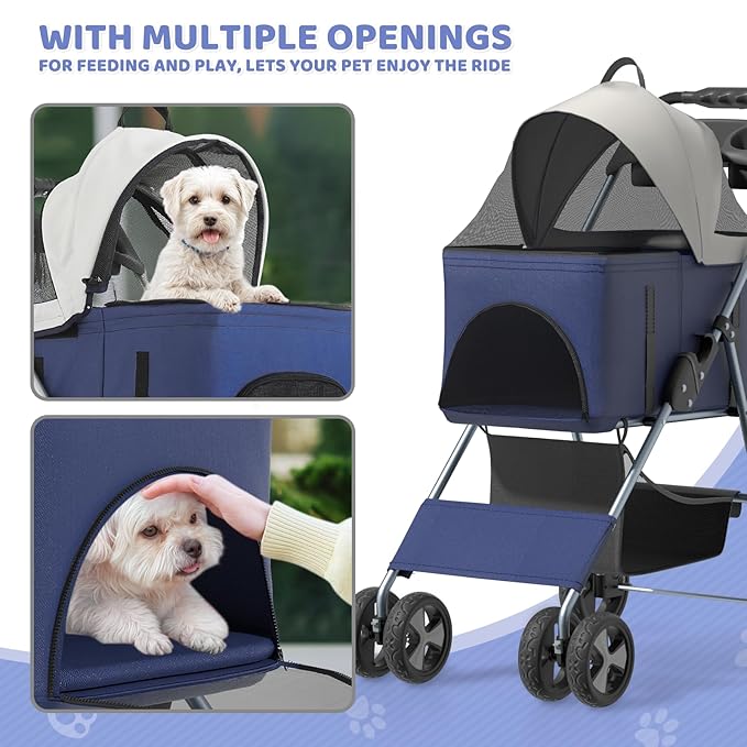 Magshion Foldable Pet Stroller, 3-in-1 Dog Travel Jogger with Detachable Carrier, Cup Holder, Storage Basket, Folding Carrier for Small/Medium Dogs & Cats Up to 33 lbs, Navy Blue