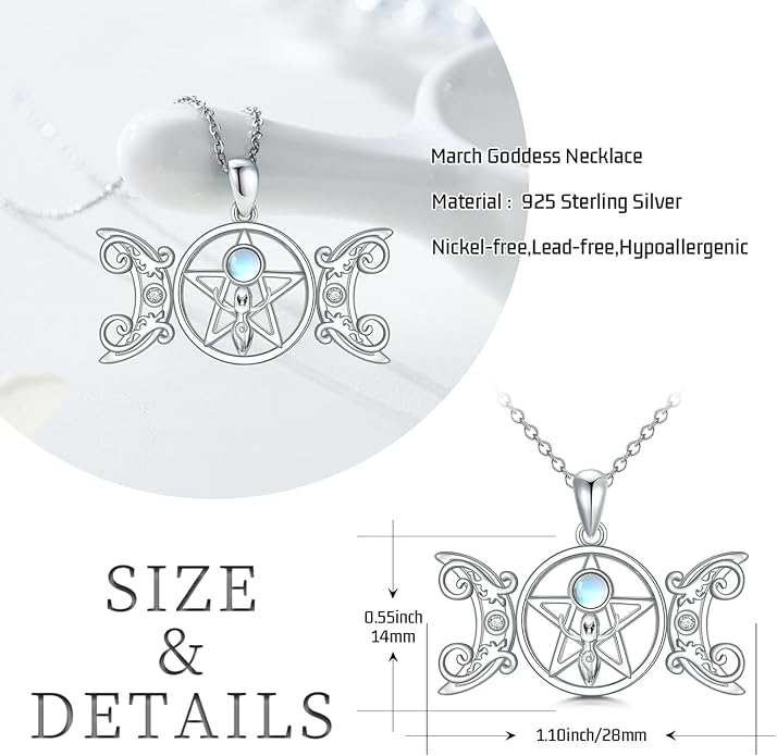 Witch Necklace 925 Sterling Silver Pentagram Triple Moon Pentacle Pendant Wiccan Pagan Jewelry Witchy Gifts for Women
