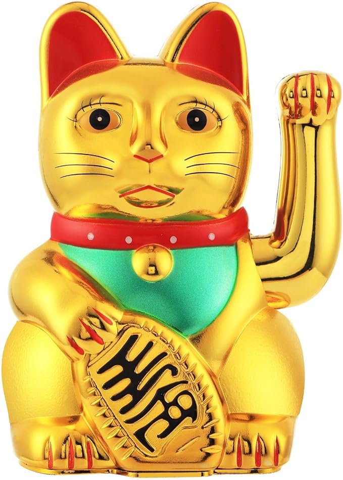 Gold/Black/White Maneki Neko Lucky Cat,Fengshui Cat- Waving Arm Battery Operated for Fortune Money and Good Luck (Gold, 6 in)