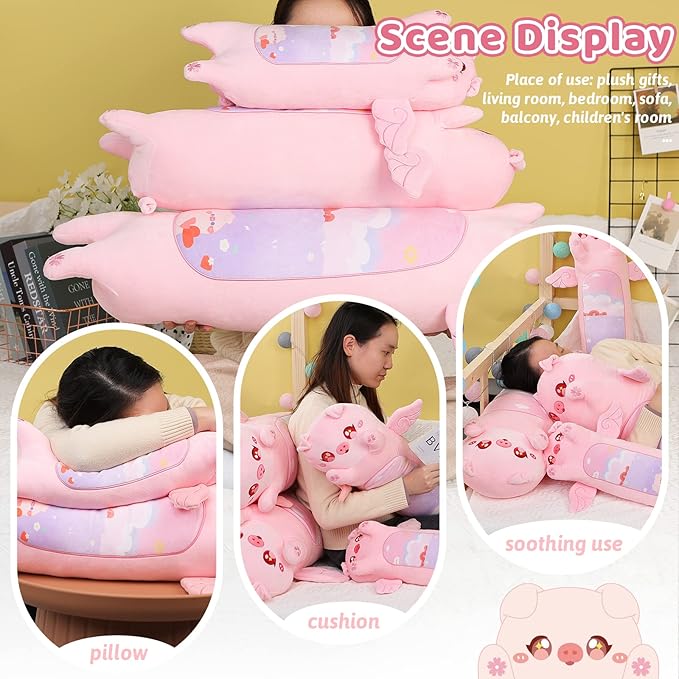 AIXINI Long Pig Plush Pillow Cute Angel Pink Pig Stuffed Animals, Soft Kawaii Piggy Plushies Pillow Toy for Kids (Angel Pig,27.5inch)