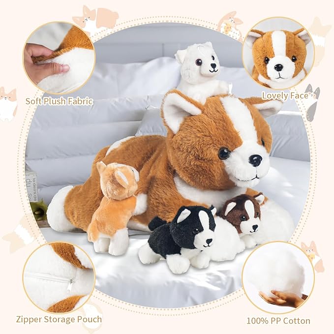 5 Pieces Dog Stuffed Animal, Corgi Stuffed Animal with Babies Inside - 1 Mommy Stuffed Dog Plush Toy with 4 Puppies, Puppy Stuffed Animals Surprise for Kids Boys Girls Easter Birthday Christmas Party