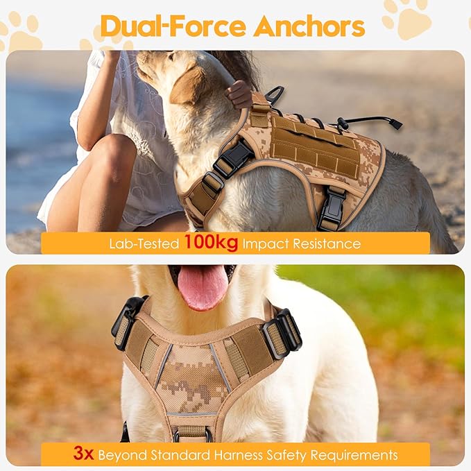 Heavy-Duty Tactical Dog Harness for Large Dogs, No Pull Adjustable Reflective Pet Vest with Molle System, K9 Military-Grade Control for Service Training, Outdoor & 10+ Breeds, Khaki Camo, X-Large