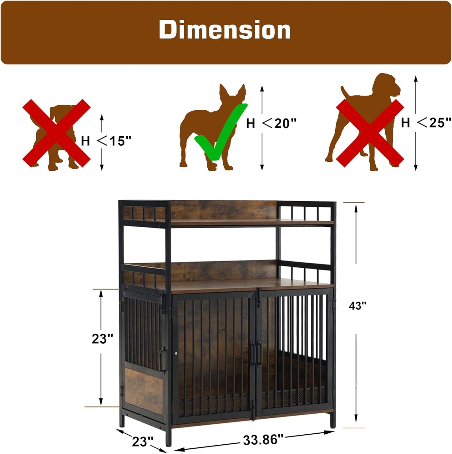 MCombo Furniture Style Dog Crate with Storage Shelves, Heavy Duty Wooden Dog Cage End Table, Triple Doors Pet House Indoor, 1368 (Brown)