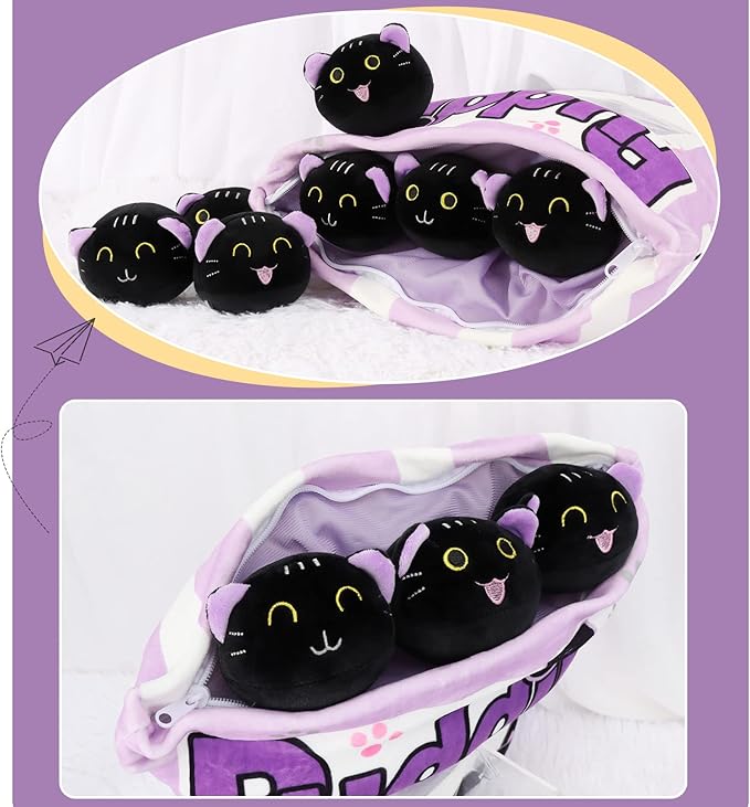 Plush Pillow Throw Pillow, Removable Black Cat Stuffed Animals Plush Toys, Bag of Cat Plushies, Stuffed Cat Plush Pillow Gift for Kids Sofa Chair Decorative Pillow, 8 Cute Black Cat (Purple)