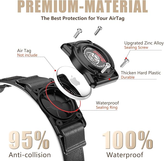 AirTag Dog Collar - Leather Dog Collar with Airtag Holder | IP68 Waterproof AirTag Holder with Metal Buckle, Comfortable GPS Dog Collars Tracker for Medium Large Dogs (Black, M)