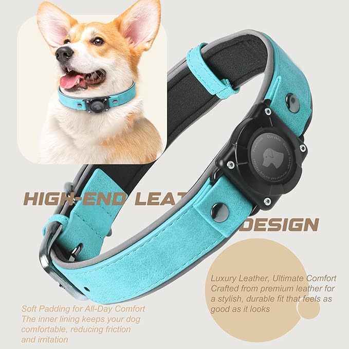 AirTag Dog Collar - Leather Dog Collar with Air Tag Holder | IPX8 Waterproof, Reflective, High - End, Adjustable Soft Padded | Dog GPS Tracker Collars Fit for Medium Large Dogs (Light Blue, XL)