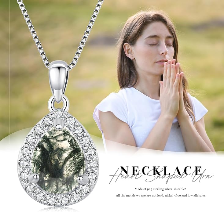 Urn necklace for Ashes 925 Sterling Silver Opal/Turquoise/Moonstone/Moss agate Pendant Cremation Memory Jewelry Keepsake Gifts for Women