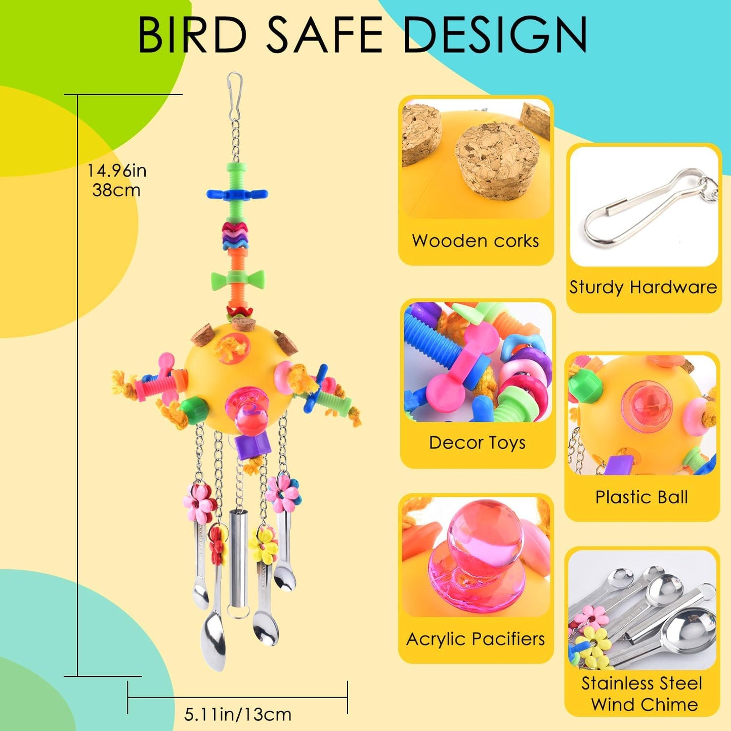 KATUMO Bird Toys Pull Spoons Colorful Acrylic Stick Toys Parrot Chew Toy for Amazon Parrot, African Grey, Conure, Caique, Quaker, Small Cockatoo, Mini Macaw, Eclectus and Similar Birds