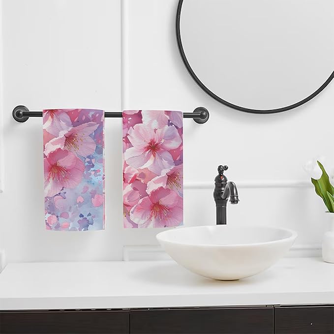 Pink Cherry Blossom Flowers Hand Towel for Bathroom Set of 2,Cherry Blossoms in Full Bloom Bathroom Hand Towel,Soft Absorbent Decorative for Hotel Home Deocr