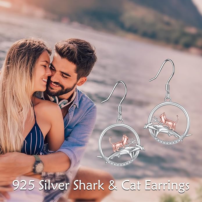YFN Cat Earrings for Women Sterling Silver Shark Dangle Earrings Cat Jewelry Gifts for Women Cat Lover Shark Jewelry for Shark Lover