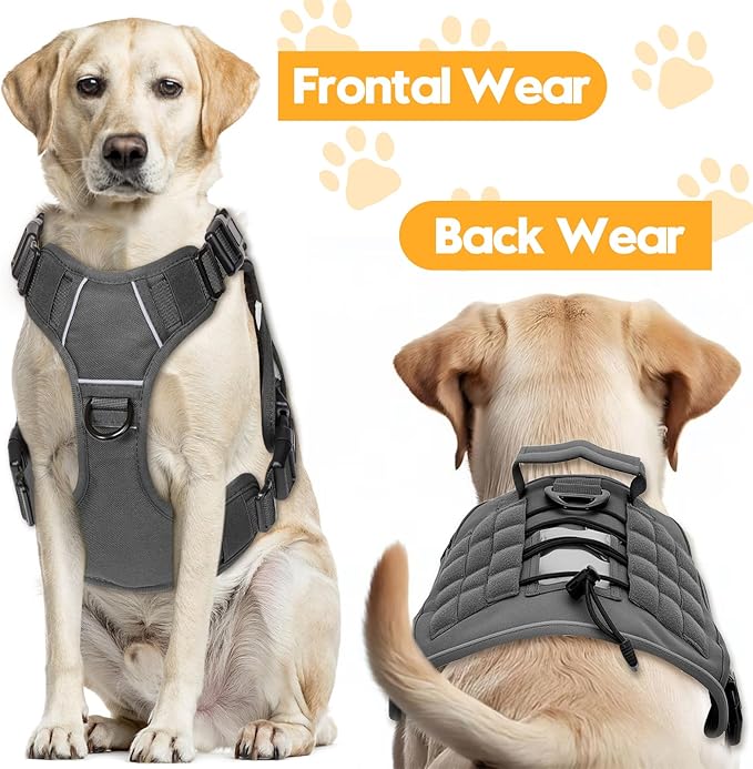 Heavy-Duty Tactical Dog Harness for Large Dogs, No Pull Adjustable Reflective Pet Vest with Molle System, K9 Military-Grade Control for Service Training, Outdoor & 10+ Breeds, Gray, Large