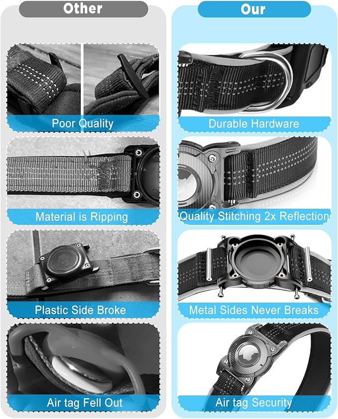 ONEONTA Airtag Dog Collar | Waterproof Airtag Dog Collar Holder with Removable Metal Loop - Airtag Collar Heavy Duty, Reflective, Ultra-Durable, Comfortable Padded, for Small Medium Large Dog, Black M