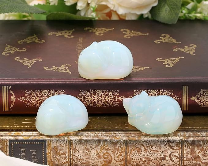 LAIDANLA Opal Sleeping Cat Statue Healing Crystals Moonstones Hand Carved Cute Kitten Figurine Sculpture 1.6" Opalite White Gemstone Decor Polished Stone Reiki Office Desk Home Decoration Gifts