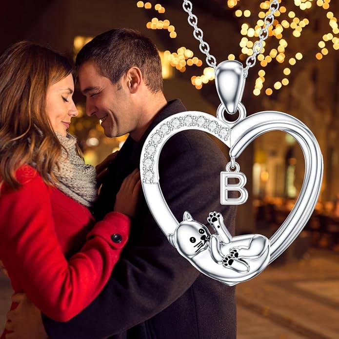 LONAGO Cat Heart Necklace with Initial Silver Cat Initial Necklace 26 Alphabets Cat Jewelry Gift for Women