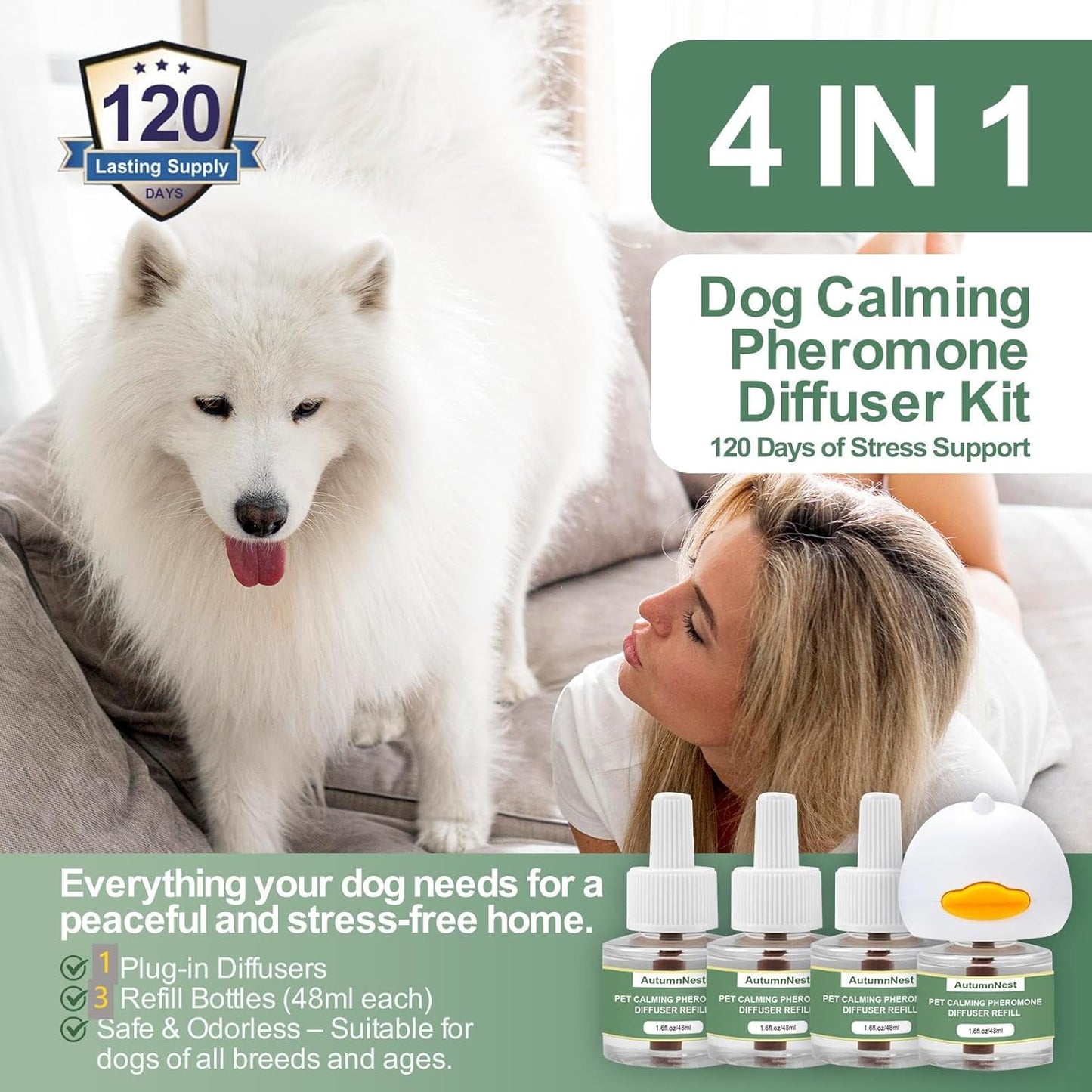 4-In-1 Dog Calming Diffuser Kit with 3 Refills (48ml Each), Plug-in Pheromone Dispenser for Dogs, 90-Day Supply, Covers 700 sq ft, Safe & Odorless Stress Relief Solution, Promotes Relaxed Behavior