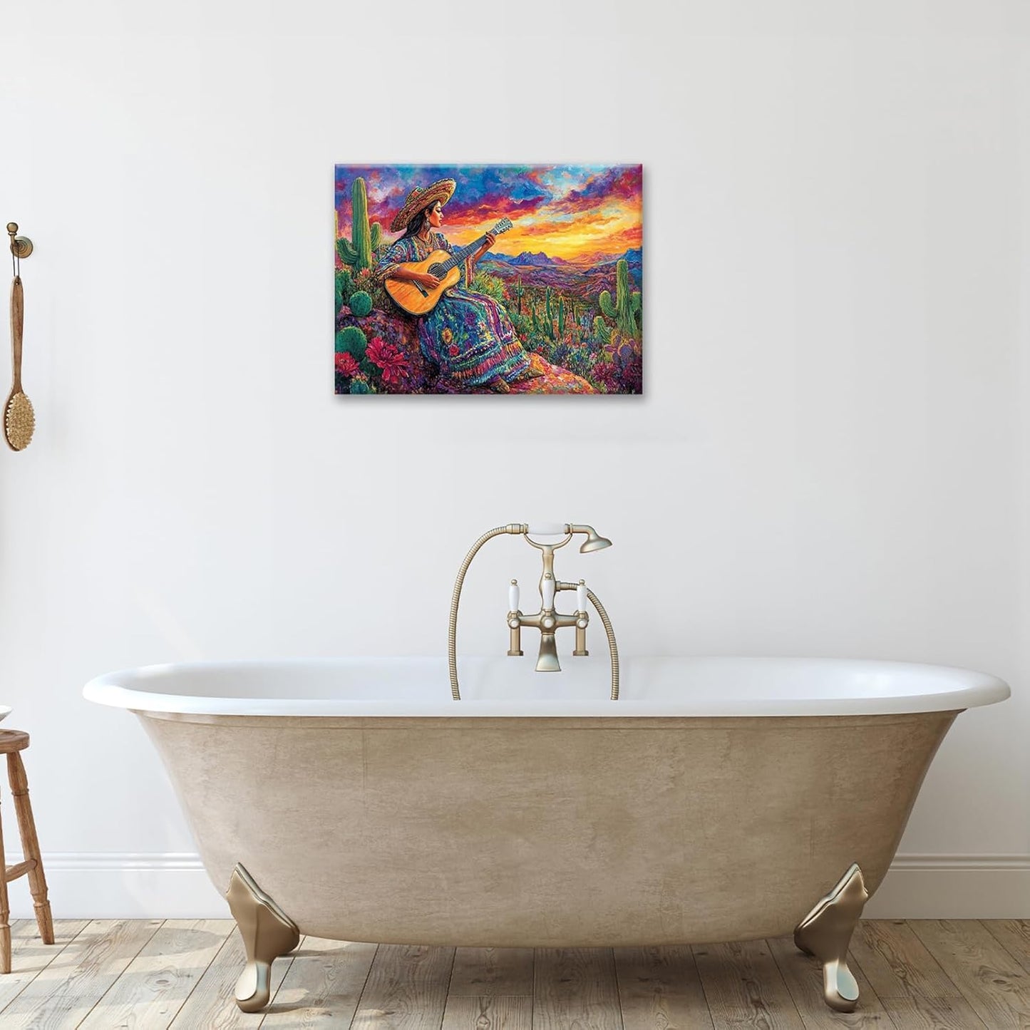 Mexican Women Pictures Wall Art, Cactus Landscape Bathroom Wall Decor, Nature Scenery Aesthetics Framed Painting Desert Modern Canvas Artwork for Bathroom Bedroom Living Room Decorations 24"L x 16"W