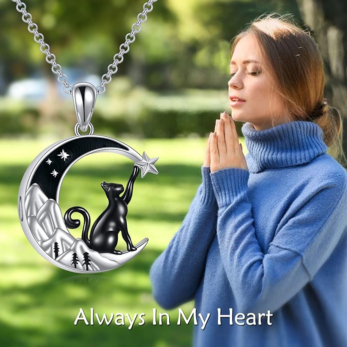 925 Sterling Silver Moon Black Cat Necklace for Women - Tree of Life Jewelry with Abalone Stone - Cat Lover Birthday Gift