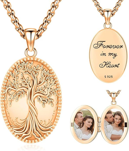 Picture Locket Necklace for Women Men Rose 14K Real Gold 925 Sterling Silver Jewelry Heart Locket Necklace that Holds Pictures Tree of Life Viking Wolf Celtic Knot St Christopher St Michael Pendant