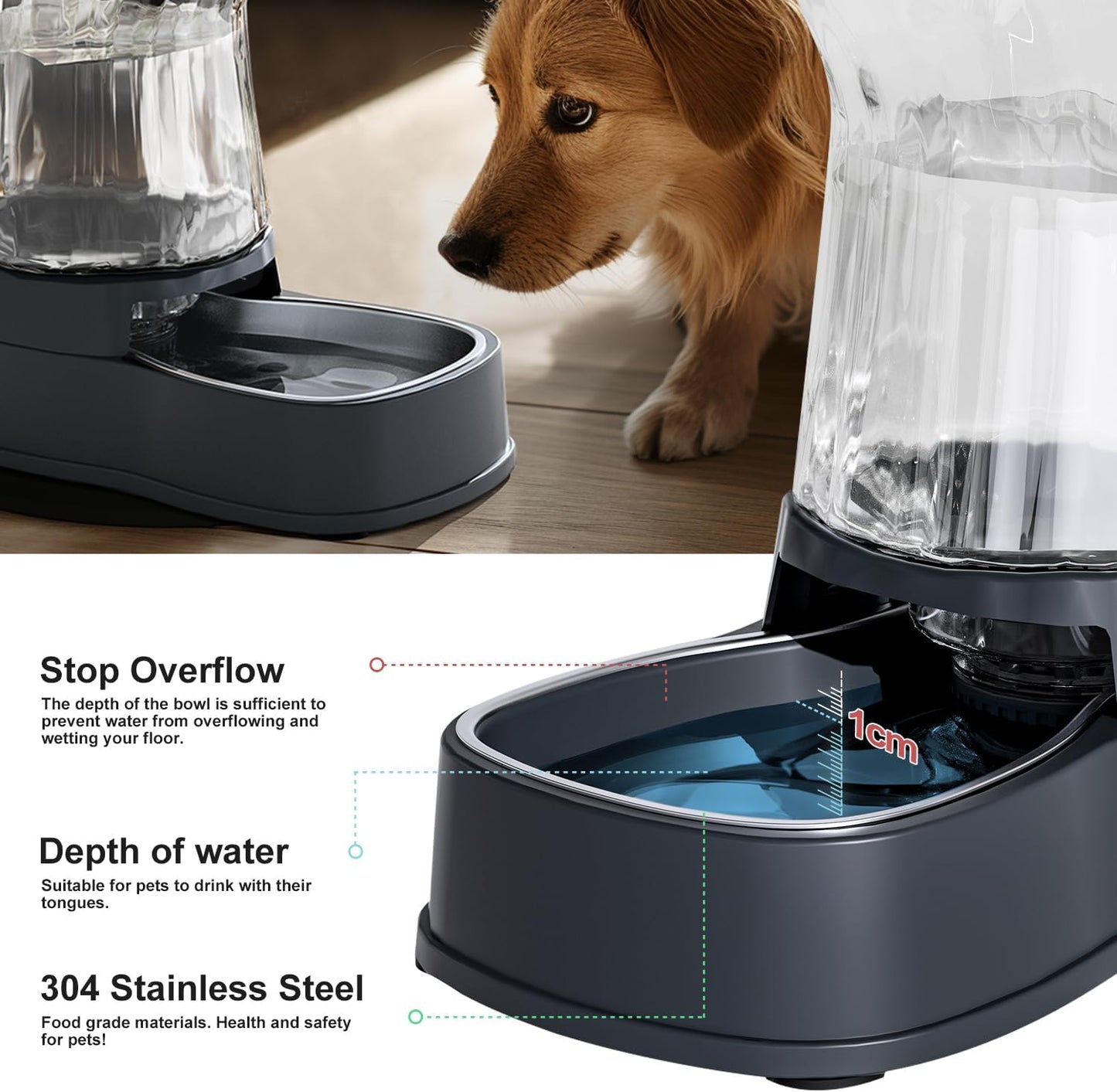 Gardner Pet Automatic Dog Water Dispenser Gravity Stainless Steel Water Waterer Feeder, 100% BPA-Free Large Capacity Water Feeding Bowls for Medium & Large-Sized Dogs Cats Other Pets -(1 Gallon)